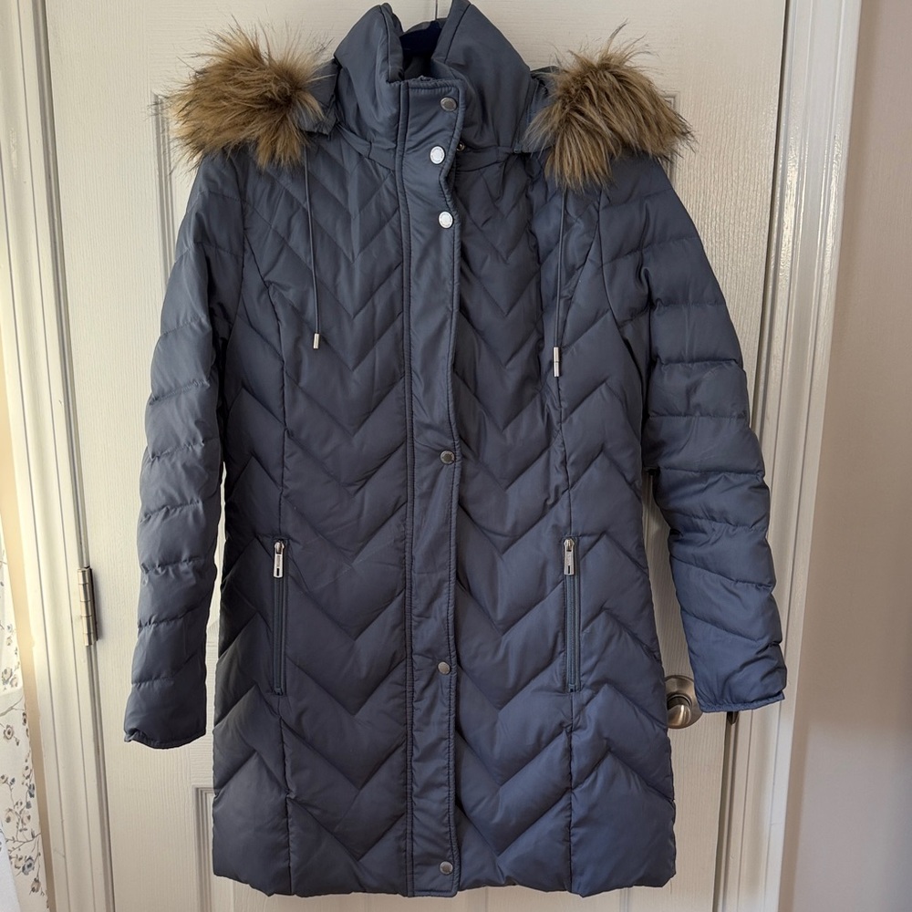 Kenneth Cole Women's Blue Puffer Coat with Faux Fur Hood